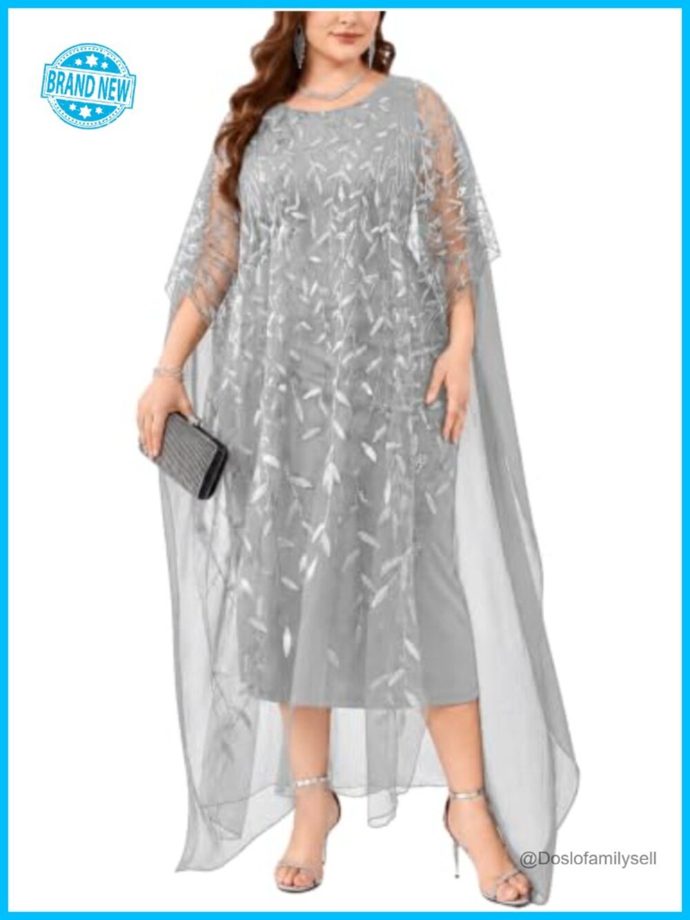 Plus Size Sequin Cape Overlay Formal Evening Gown Mother of Bride Maxi Dress